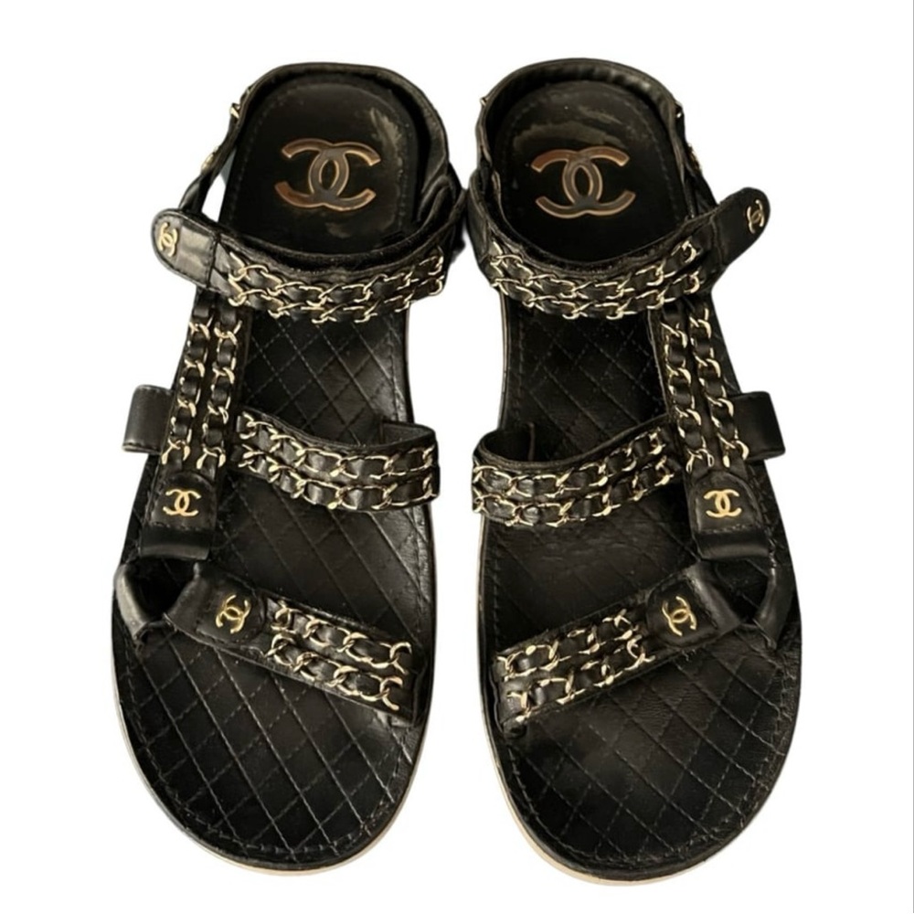 Chanel leather black and gold dad sandals